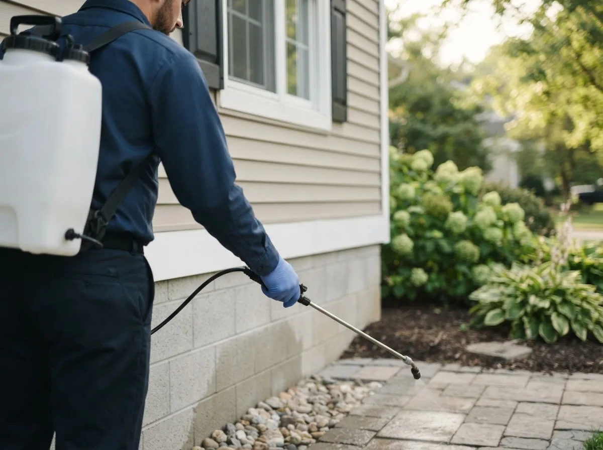 Pest control technician inspecting a home in Justice, IL